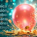 Giant coral-pink balloon about to burst, with golden coins and confetti.